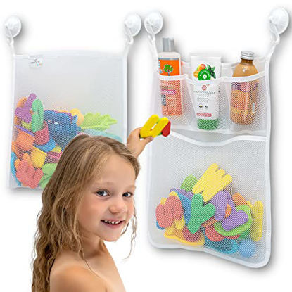 Picture of 2 x Mesh Bath Toy Organizer + 6 Ultra Strong Hooks - The Perfect Bathtub Toy Holder & Bathroom or Shower Caddy - These Multi-use Net Bags Make Baby Bath Toy Storage Easy - For Kids & Toddlers