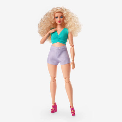 Picture of Barbie Looks Doll with Curly Blonde Hair Dressed in Ruched Crop Top & Satiny Lavender Shorts, Posable Made to Move Body