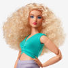 Picture of Barbie Looks Doll with Curly Blonde Hair Dressed in Ruched Crop Top & Satiny Lavender Shorts, Posable Made to Move Body