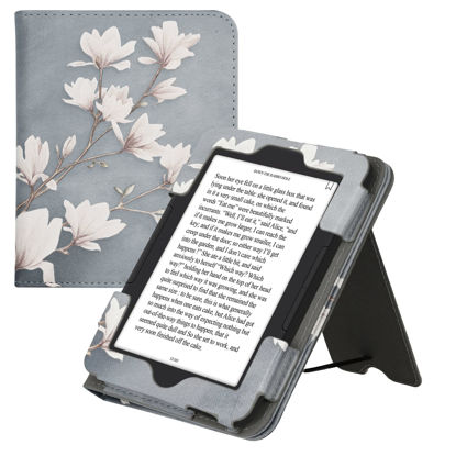 Picture of kwmobile Case Compatible with Barnes & Noble Nook Glowlight 4 / 4e - Case PU Leather Cover with Magnet Closure, Stand, Strap, Card Slot - Magnolias Taupe/White/Blue Grey