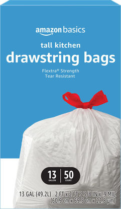 Picture of Amazon Basics Flextra Tall Kitchen Drawstring Trash Bags, 13 Gallon, Unscented, 50 Count