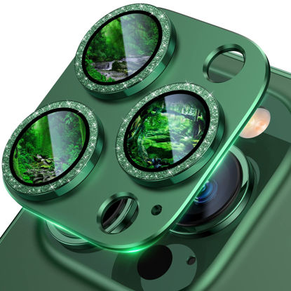 Picture of UniqueMe for iPhone 13 Pro/iPhone 13 Pro Max Camera Lens Protector, [Strong Drop Protection] [Not Easy to Fall-off] Metal Ring Tempered Glass Rear Camera Screen Cover - Alpine Green (Bling Circle)