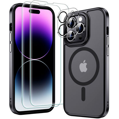 Picture of [6 in 1] Magnetic for iPhone 14 Pro Max Phone Case [Compatible with MagSafe][2Pcs Glass Screen Protector+2Pcs Camera Lens Protector] Skin-Friendly Shockproof Translucent Matte Case Cover 6.7”- Black