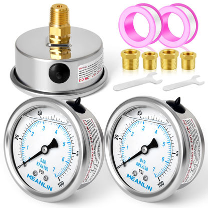 Picture of MEANLIN MEASURE 0~100Psi Stainless Steel 1/4" NPT 2.5" FACE DIAL Liquid Filled Pressure Gauge WOG Water Oil Gas Back Mount (Pack of 2）