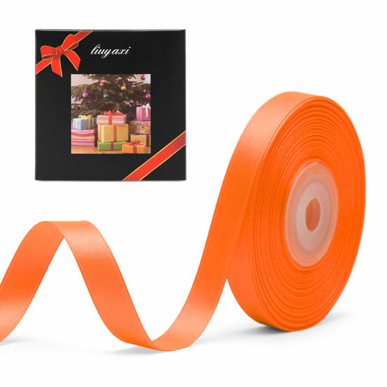 Picture of Solid Color Double Faced Orange Satin Ribbon 3/8" X 25 Yards, Ribbons Perfect for Crafts, Wedding Decor, Bow Making, Sewing, Gift Package Wrapping and More