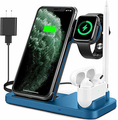 Picture of Powlaken Wireless Charger, 4 in 1 Wireless Charging Station Dock for Apple iWatch Series Se 6 5 4 3 2 1, AirPods Pro and Pencil, Charging Stand for iPhone 11, 11 Pro max, Xr, Xs max, X(Blue)