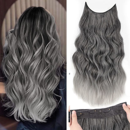 Picture of KooKaStyle Invisible Wire Hair Extensions with Transparent Headband Adjustable Size 4 Secure Clips Long Wavy Secret Wire Hairpiece 20 Inch Grey/Sliver Mixed for Women