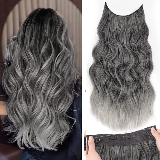 Picture of KooKaStyle Invisible Wire Hair Extensions with Transparent Headband Adjustable Size 4 Secure Clips Long Wavy Secret Wire Hairpiece 20 Inch Grey/Sliver Mixed for Women
