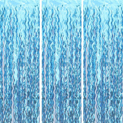 Picture of Wavy Tinsel Foil Fringe Curtain Photo Booth Props for Mermaid Birthday Under The Sea Party Decorations (3 Pack 3.2 ft X 6.6 ft Teal Blue)