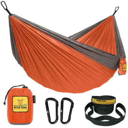Picture of Wise Owl Outfitters Camping Hammock - Camping Accessories Single or Double Hammock for Outdoor, Travel Hammock Indoor w/Tree Straps Orange & Grey