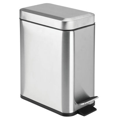 Picture of mDesign Small Modern 1.3 Gallon Rectangle Metal Lidded Step Trash Can, Compact Garbage Bin with Removable Liner Bucket and Handle for Bathroom, Kitchen, Craft Room, Office, Garage - Brushed Chrome