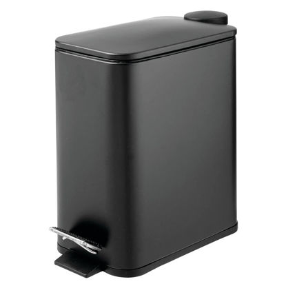 Picture of mDesign Slim Metal Rectangle 1.3 Gallon Trash Can with Step Pedal, Easy-Close Lid, Removable Liner - Narrow Wastebasket Garbage Container Bin for Bathroom, Bedroom, Kitchen, Office - Black