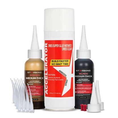 Picture of Premium Grade Cyanoacrylate (CA) Super Glue by STARBOND - Black (2oz) and Brown (2oz) Medium-Thick Viscosity "Knot Filler" and Aerosol Accelerator (6oz) Bundle for Woodworking, Woodturning, Carpentry