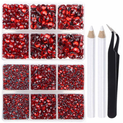 Picture of LPBeads 6400 Pieces Hotfix Rhinestones Siam Flat Back 5 Mixed Sizes Crystal Round Glass Gems with Tweezers and Picking Rhinestones Pen