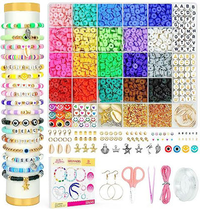 Picture of Dowsabel Clay Beads Bracelet Making Kit for Beginner, 5000Pcs Heishi Flat Preppy Polymer Clay Beads with Charms Kit for Jewelry Making, DIY Arts and Crafts Gifts Toys for Kids Age 6-12
