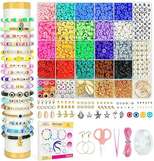 Dowsabel Clay Beads Bracelet Making Kit for Beginner, 5000Pcs Heishi Flat  Preppy Polymer Clay Beads with Charms Kit for Jewelry Making, DIY Arts and