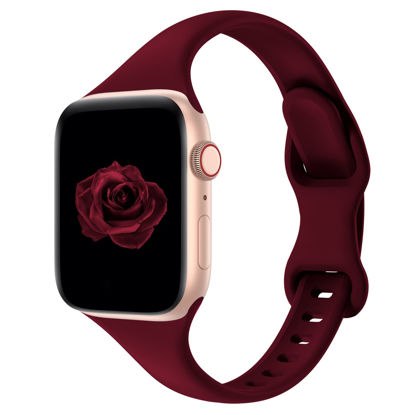 Picture of Acrbiutu Bands Compatible with Apple Watch 38mm 40mm 41mm 42mm 44mm 45mm 49mm, Slim Thin Narrow Replacement Silicone Sport Strap Wristbands for iWatch Series Ultra 8/7/6/5/4/3/2/1 SE Women Men, Wine Red