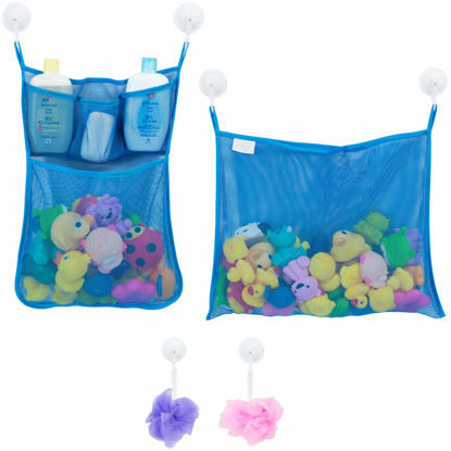 Picture of 2 x Mesh Bath Toy Organizer + 6 Ultra Strong Hooks - The Perfect Bathtub Toy Holder & Bathroom or Shower Caddy - These Multi-use Net Bags Make Baby Bath Toy Storage Easy - For Kids & Toddlers