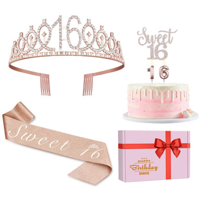 Picture of Sweet 16 Birthday Decorations for Girls, Including Sweet 16 Cake Toppers, Crown/Tiara, Sash, Candles, Sweet Sixteen Decorations for Girls, Sweet 16th Birthday Gifts for Girls. Sweet 16 Party Decorations