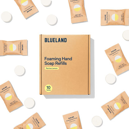 Picture of BLUELAND Foaming Hand Soap Tablet Refills - 10 Pack | Eco Friendly Products & Cleaning Supplies | Perrine Lemon Scent | Makes 10 x 9 Fl oz bottles (90 Fl oz total)