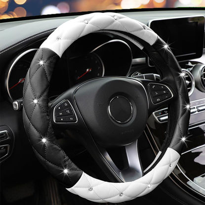 Picture of YOGURTCK Cute Diamond Soft Leather Anti-Slip Steering Wheel Cover with Bling Bling Crystal Rhinestones, Universal 15 Inch for Women Girls, Fit Vehicles, Sedans, SUVs, Vans, Trucks - Black and White