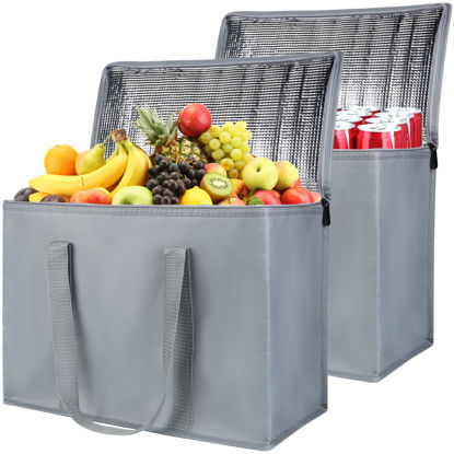 Picture of Insulated Grocery Shopping Bags, X-Large, CIVJET Reusable Tote Bag for Travel, Doordash Food Cooler/Hot Delivery Bag, Gray, 2-Pack