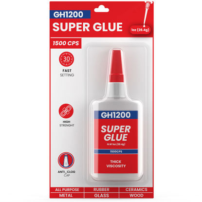 Picture of 1 Oz (1500 CPS) Super Glue All Purpose with Anti Clog Cap. Ca Glue - Adhesive SuperGlue. Cyanoacrylate Glue for Hard Plastics, DIY Craft, Metal and Many More