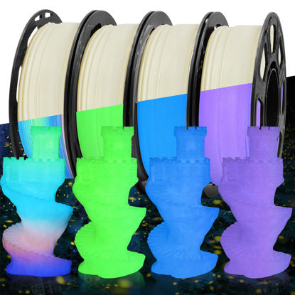 Picture of MIKA3D Glow in Dark PLA 3D Printer Filament Bundle, Glowing in Dark Fluorescent Green, Blue, Purple, Rainbow, Each Spool 0.25kg, 4 Spools, Total 1KG Dark Fluorescent PLA Multicolor Packed 250g X 4