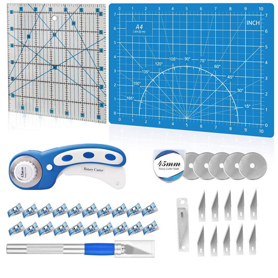 Picture of 39 Pcs Rotary Cutter Set Blue - Quilting Kit incl. 45mm Fabric Cutter with 5 Extra Blades, A4 Cutting Mat, 2 Craft Knife Set, Quilting Ruler and Sewing Clips, Ideal for Crafting, Sewing, Patchworking