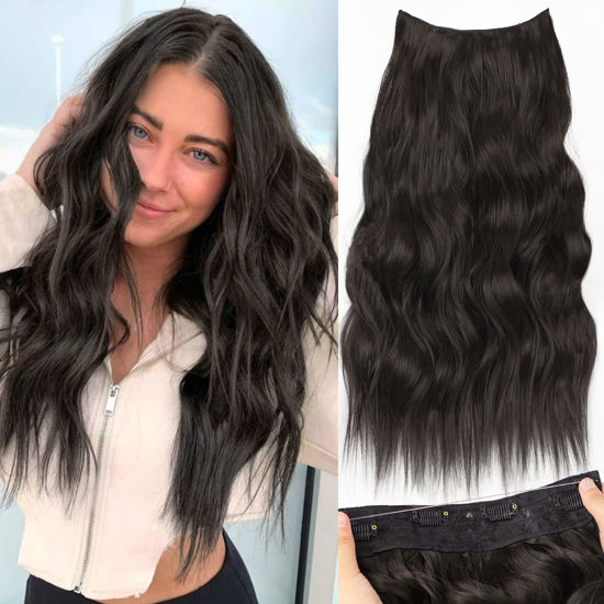 Picture of KooKaStyle Invisible Wire Hair Extensions with Transparent Headband Adjustable Size 4 Secure Clips Long Wavy Secret Wire Hairpiece 20 Inch Natural Black for Women