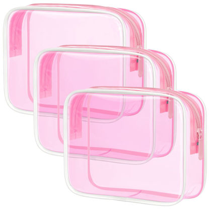 Picture of PACKISM Clear Makeup Bags, 3 Pack Tsa Approved Toiletry Bag with Zipper, Water-resistant Clear Cosmetic Bags Fit Travel Essentials, Carry-on Travel Toiletry Bag, Fluorescent Pink