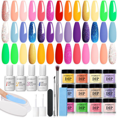 Picture of AZUREBEAUTY 31 Pcs Dip Powder Nail Kit Starter, Spring Summer 20 Colors Glitter Neon Pink Blue Green Dipping Powder Liquid Set with Top/Base Coat Activator for French Nail Art Manicure DIY Salon Gift
