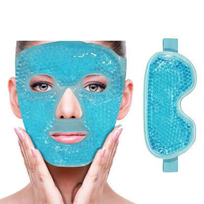 Picture of ZNÖCUETÖD Cooling Ice Face Eye Mask for Reducing Puffiness, Bags Under Eyes,Sinus,Redness,Pain Relief,Dark Circles, Migraine,Hot/Cold Pack with Soft Plush Backing (Blue(1* Eye Mask+1*Face Mask))