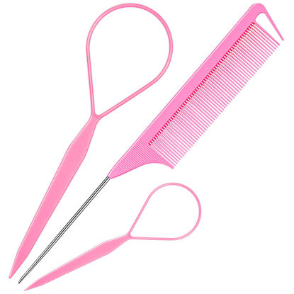 Picture of Hair Tail Tools, TsMADDTs 3Pack Hair Loop Tool Set with 2Pcs French Braid Tool Loop 1Pcs Rat Tail Comb Metal Pin Tail Braiding Comb for Hair Styling, Pink