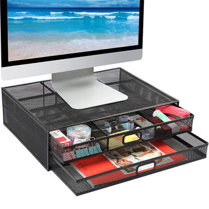 Picture of Monitor Stand with Drawer, Monitor Stand, Monitor Riser Mesh Metal, Desk Organizer, Monitor Stand with Storage, Desktop Computer Stand for PC, Laptop, Printer - HUANUO