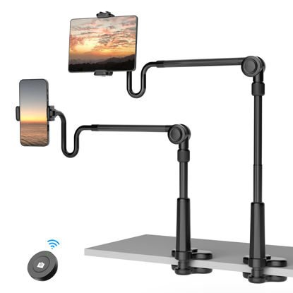 Picture of 4.6"-11" Phone & Tablet Bed Holder with wireless remote,gooseneck Cellphone Stand Long arm,Flexible Overhead Mount clamp Clip for Desk Bedside headboard, Recording Filming, for iPhone/iPad/Tablet