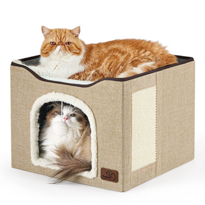 Picture of Bedsure Cat Beds for Indoor Cats - Large Cat Cave for Pet Cat House with Fluffy Ball Hanging and Scratch Pad, Foldable Cat Hideaway,16.5x16.5x13 inches, Brown