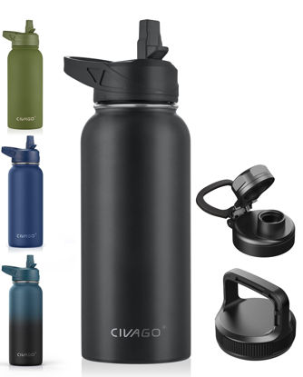 Picture of CIVAGO 32 oz Insulated Water Bottle With Straw, Stainless Steel Sports Water Cup Flask with 3 Lids (Straw, Spout and Handle Lid), Wide Mouth Travel Thermal Mug, Black