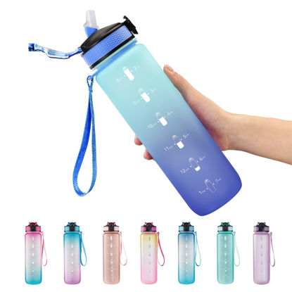 Picture of EYQ 32 oz Water Bottle with Time Marker, Carry Strap, Leak-Proof Tritan BPA-Free, Ensure You Drink Enough Water for Fitness, Gym, Camping, Outdoor Sports（Green/Blue Gradient）
