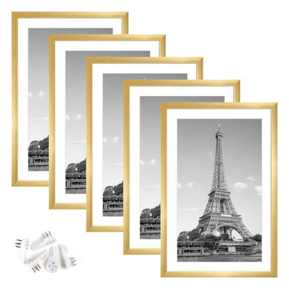 Picture of upsimples 11x17 Picture Frame Set of 5, Display Pictures 9x15 with Mat or 11x17 Without Mat, Wall Gallery Photo Frames, Gold