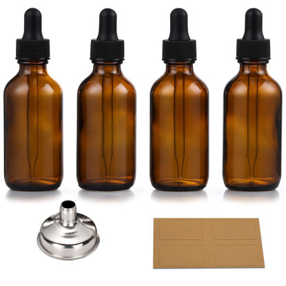 Picture of AOZITA Set of 4, 1 oz Eye Dropper Bottles with 1 Stainless Steel Funnels & 4 Labels - 30ml Thick Dark Amber Glass Tincture Bottles - Leakproof Essential Oils Bottle for Storage and Travel