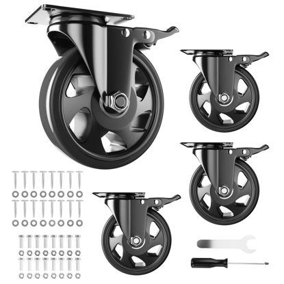 Picture of 5 Inch Swivel Caster Wheels, Casters Set of 4 Heavy Duty, Locking Industrial Casters with Brake, Swivel Top Plate Casters Wheels for Furniture and Workbench(Free Hardware Kits)