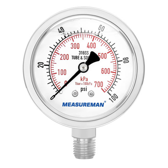 Picture of MEASUREMAN Fully Stainless Steel Hydraulic Glycerin Filled Pressure Gauge, 2-1/2" Dial Size, 1/4"NPT Lower Mount, 0-100psi/kpa