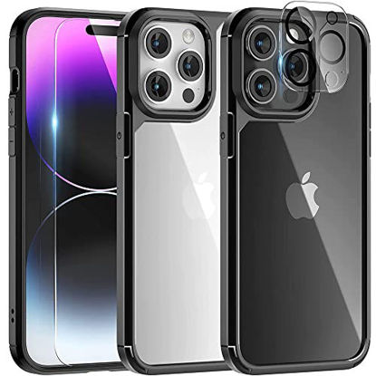 Picture of TAURI for iPhone 14 Pro Max Case, [5 in 1] 1X Case [Not-Yellowing] with 2X Tempered Glass Screen Protector + 2X Camera Lens Protector, [Military-Grade Drop Protection] Slim Phone Case 6.7 Inch Black