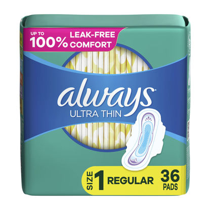 Picture of Always Ultra Thin Feminine Pads For Women, Size 1 Regular Absorbency, With Wings, Unscented, 36 Count