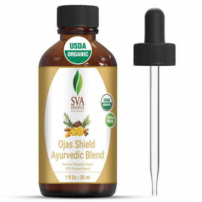 Picture of SVA Organics Ojas Shield Blend 1 Oz (30 ml)Therapeutic Grade Organic Oils:Clove Oil, Cinnamon Oil, Eucalyptus Oil, Turmeric Oil, Rosemary Oil, Lemon Oil For Wellness, Vitality, Aromatherapy & Diffuser