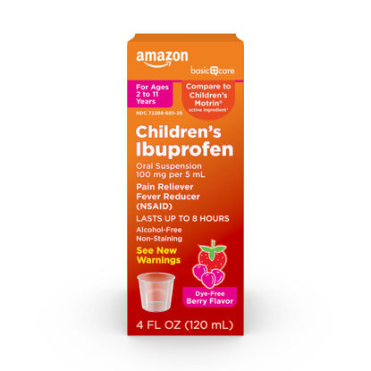 Picture of Amazon Basic Care Children's Ibuprofen Oral Suspension Syrup 100 mg per 5 mL, Pain Reliever and Fever Reducer (NSAID), Non-Staining Berry Flavor, 4.0 Fluid Ounce