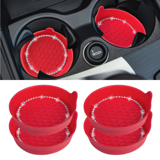 Picture of Amooca Car Cup Coaster Universal Non-Slip Cup Holders Bling Crystal Rhinestone Car Interior Accessories 4 Pack Red