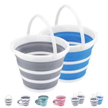 Picture of 2 Pack Collapsible Buckets 10L 2.6 Gallon Cleaning Bucket Mop Bucket Folding Foldable Portable Small Plastic Water Supplies for Outdoor Garden Camping Fishing Car Wash Space Saving Grey and Blue