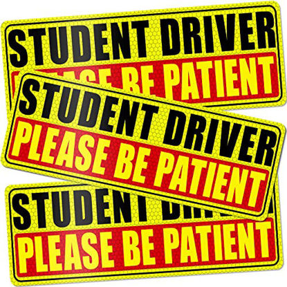 Picture of PSLER Student Driver Magnet for Car, be Patient Student Driver Magnet Boys and Girls New Student Driver Sticker Reflective Signs Reusable Movable 3 Pcs Gifts